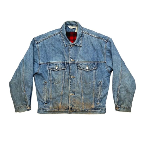 Eddie Bauer Men's Sz M Medium Plaid Flannel Lined Denim Trucker Jacket Coat Vntg - Picture 2 of 9